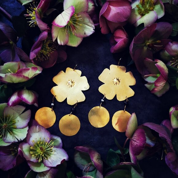 Artisanal Handmade  ~  Brass Floral Inanna Earrings - Picture 2 of 4